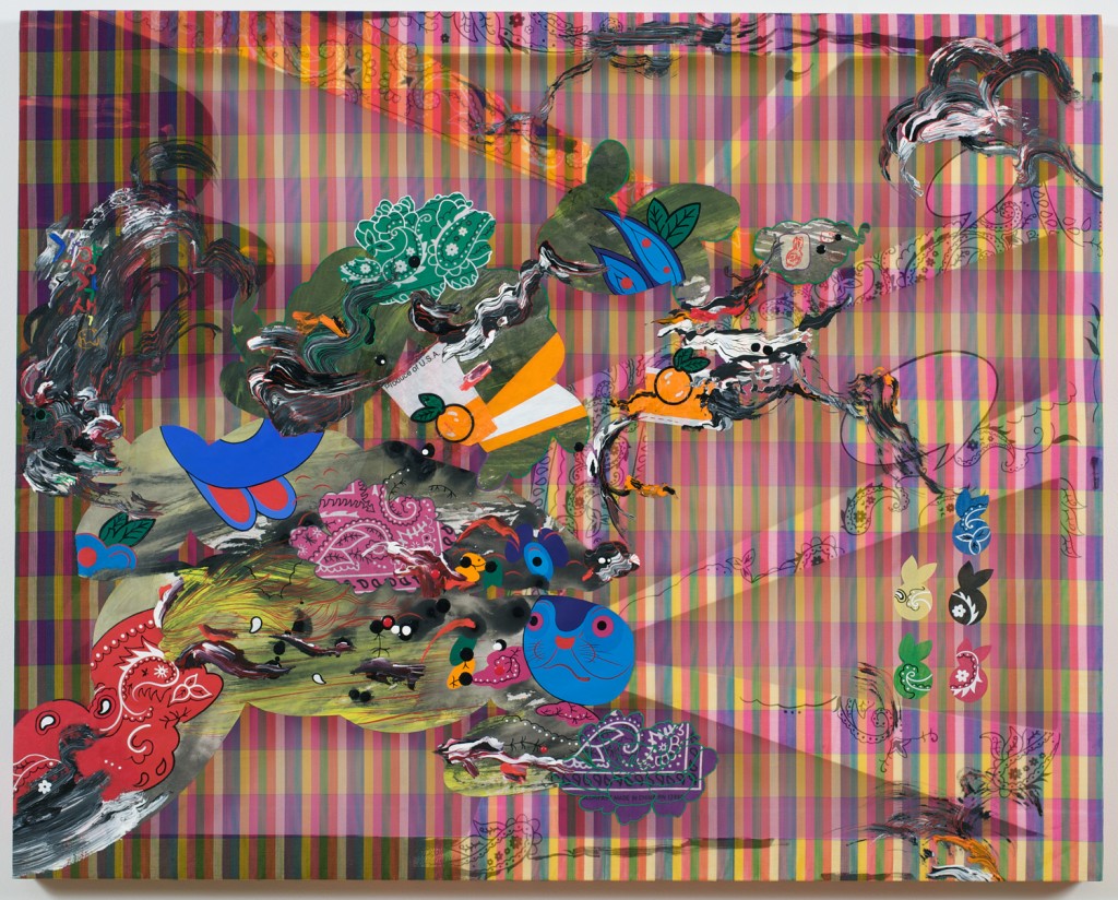 All Kinds of Everything, 2010, oil, acrylic paint, collage with Hanji, custom stretcher bar on silk organza, In collaboration with The Fabric Workshop and Museum, 27.5 x 37.5 inches