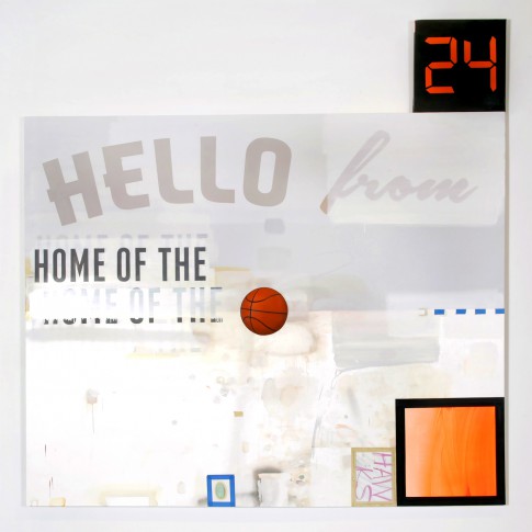 Craig Drennen Hello From Home of the, 2014, Oil, alkyd, crayon, and graphite on canvas, 86 x 86 inches