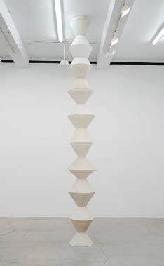 William Cordova, untitled (endless...4-p.young), 2013, Reclaimed lamp shades, metal rod, light bulbs, Approx. 185 x 24 x 24 inches