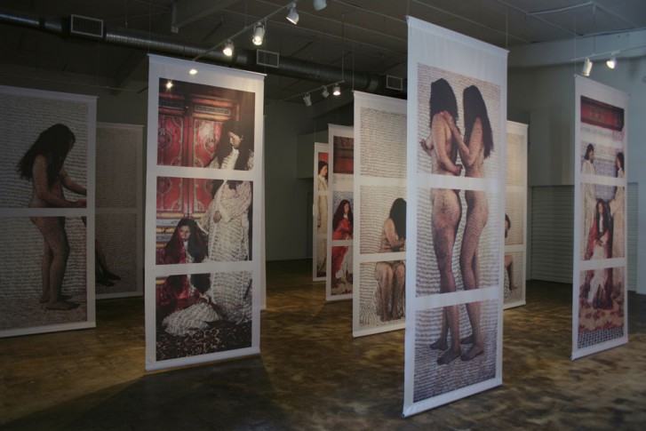 Lalla Essaydi, Embodiments, photographs printed on 12 silk banners, metal rods and wire, 12 x 4 feet each