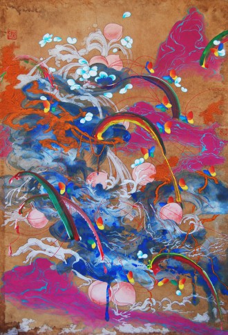 Jiha Moon, Rhetoric Channel, 2008, ink and acrylic on Hanji, 40 x 30 inches